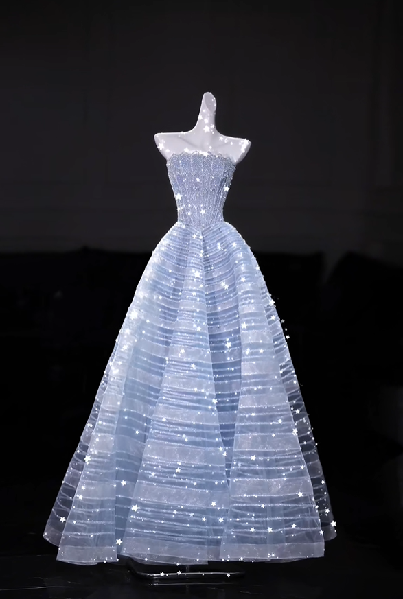 Glamorous Strapless Tulle Sequin Beaded Evening Dress Light Blue Long Birthday Party Dress D5206