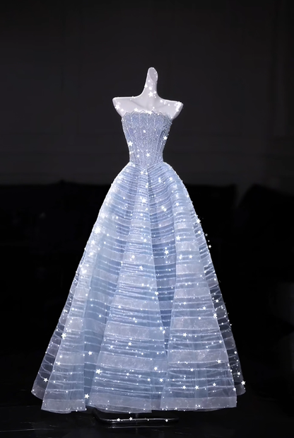 Glamorous Strapless Tulle Sequin Beaded Evening Dress Light Blue Long Birthday Party Dress D5206