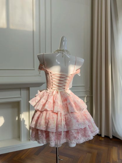 Charming Pink Lace Beaded Layered A Line Short Homecoming Dress Formal 16th Birthday Outfits D2955