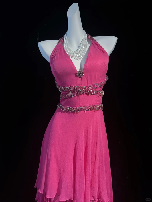 Elegant Hot Pink Chiffon Beaded Mermaid Long Party Dress,Halter V Neck Prom Gowns D2842