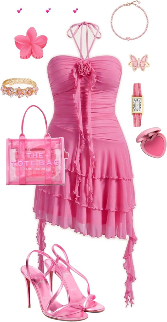 Cute Halter Pink Chiffon Ruffles Layered Short Graduation Homecoming Dress Formal 21st Birthday Outfits D697