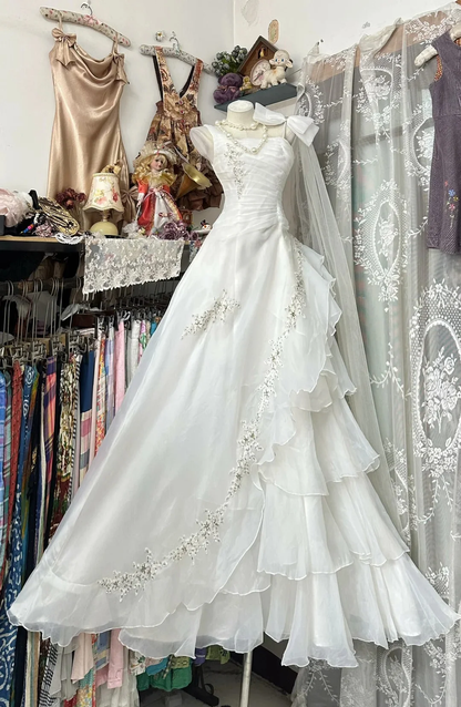 Vintage White Satin Pleated Tulle Layered Tiered Long Prom Dresses Trending Mermaid Evening Gowns D4832