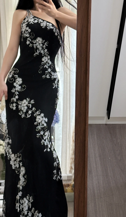 Classy One Shoulder Black Chiffon Beaded Mermaid Long Party Dress Evening Gown D2304