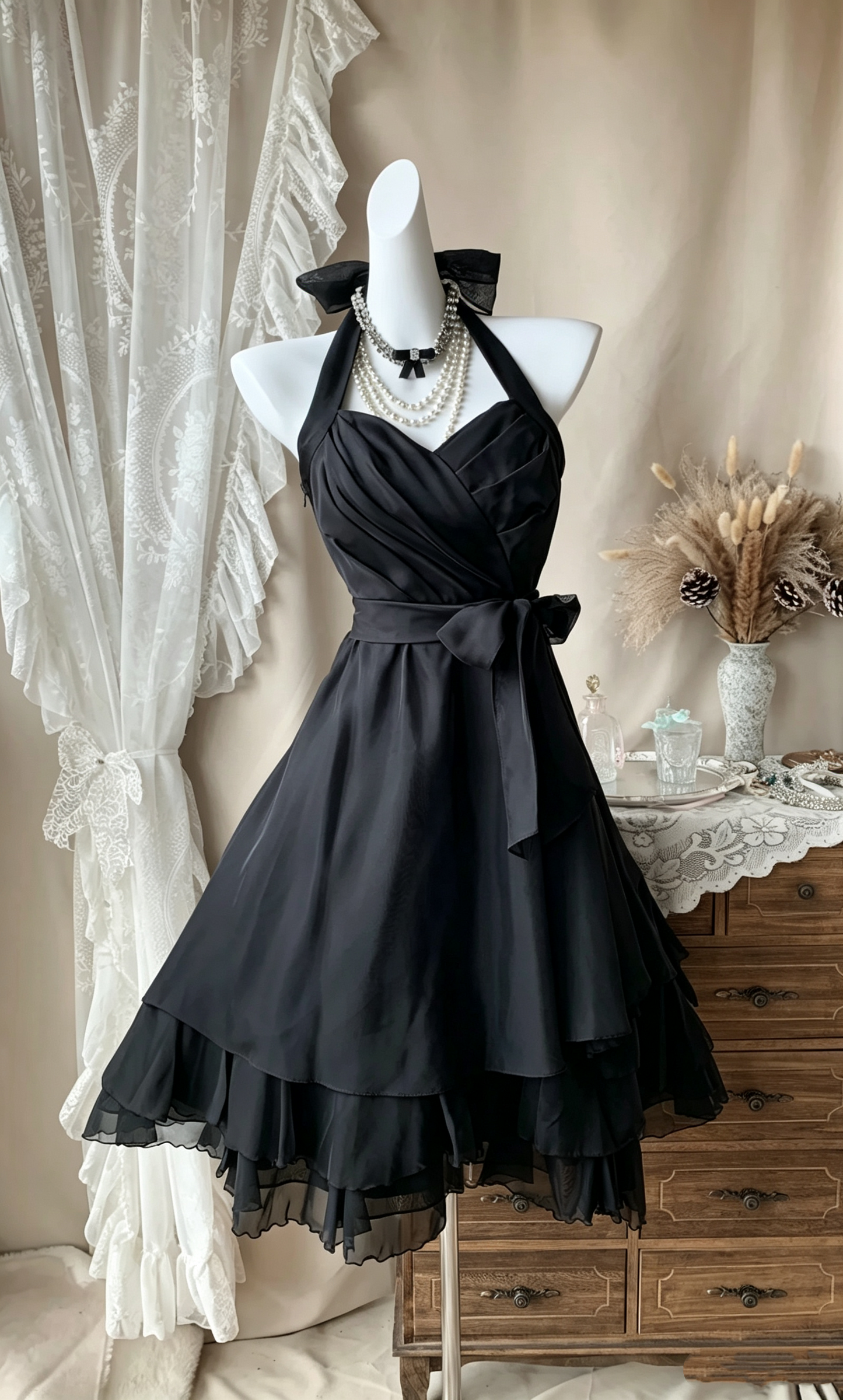 Simple Black Halter Satin Chiffon A Line Short Homecoming Dress Cocktail Dress D4078
