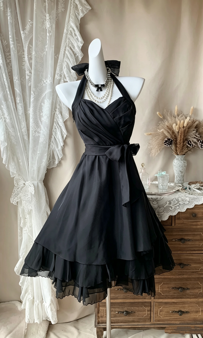 Simple Black Halter Satin Chiffon A Line Short Homecoming Dress Cocktail Dress D4078