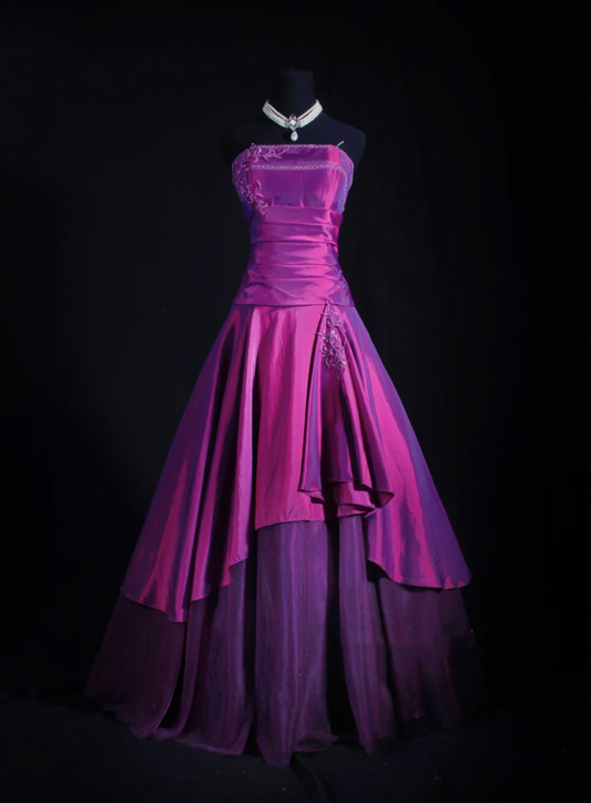 Glamorous Strapless Satin Ball Gown Purple Embroidery Beaded Long Birthday Party Dress Prom Gowns D2235