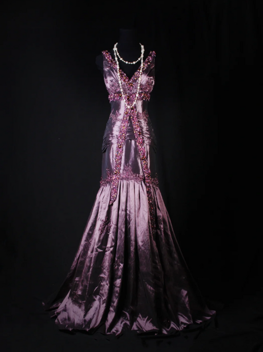Vintage Purple V Neck Satin Beaded Mermaid Evening Dress Long Birthday Party Gown D2232