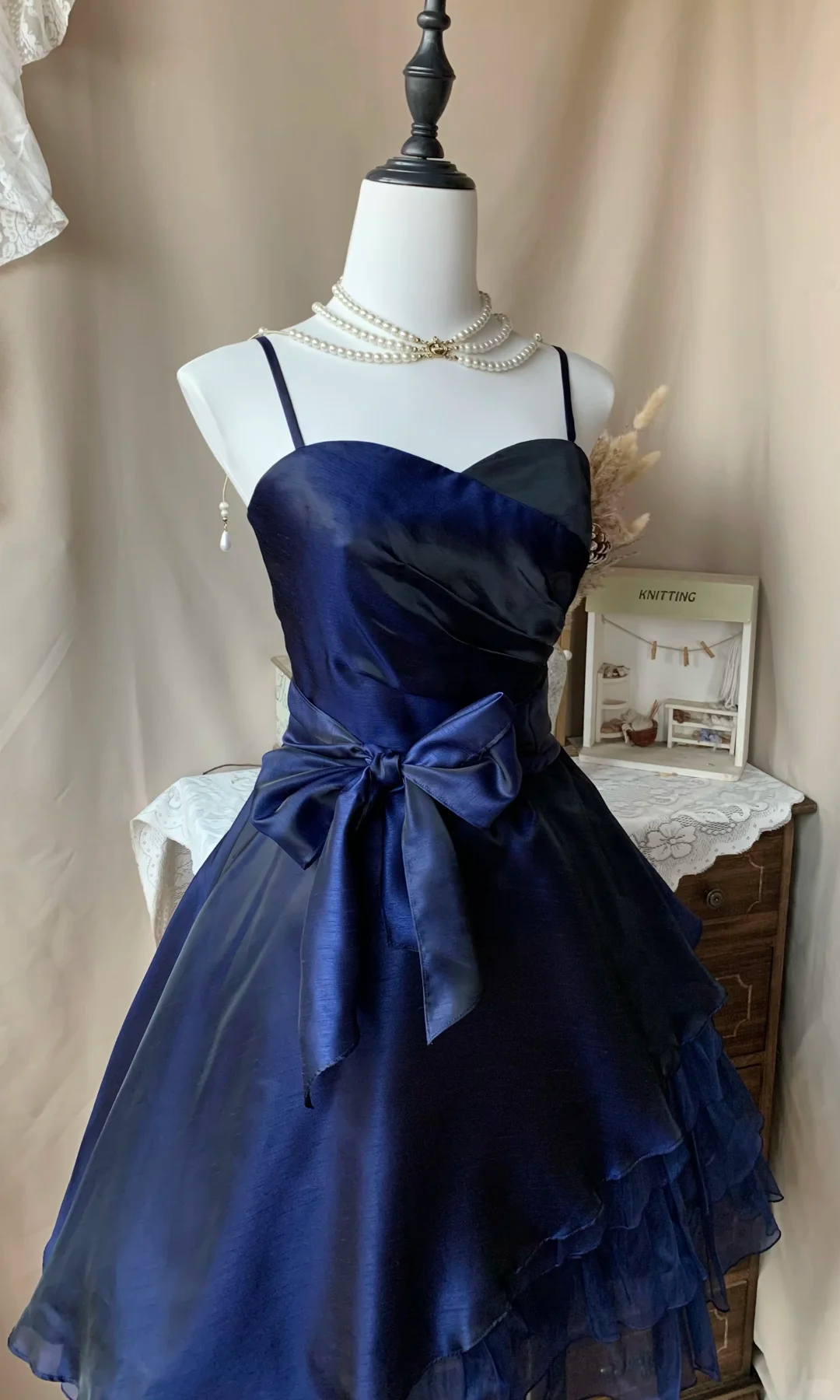 Shiny Spaghetti Straps Navy Blue Tulle Satin A Line Formal Graduation Homecoming Dress Short Party Dress D3069