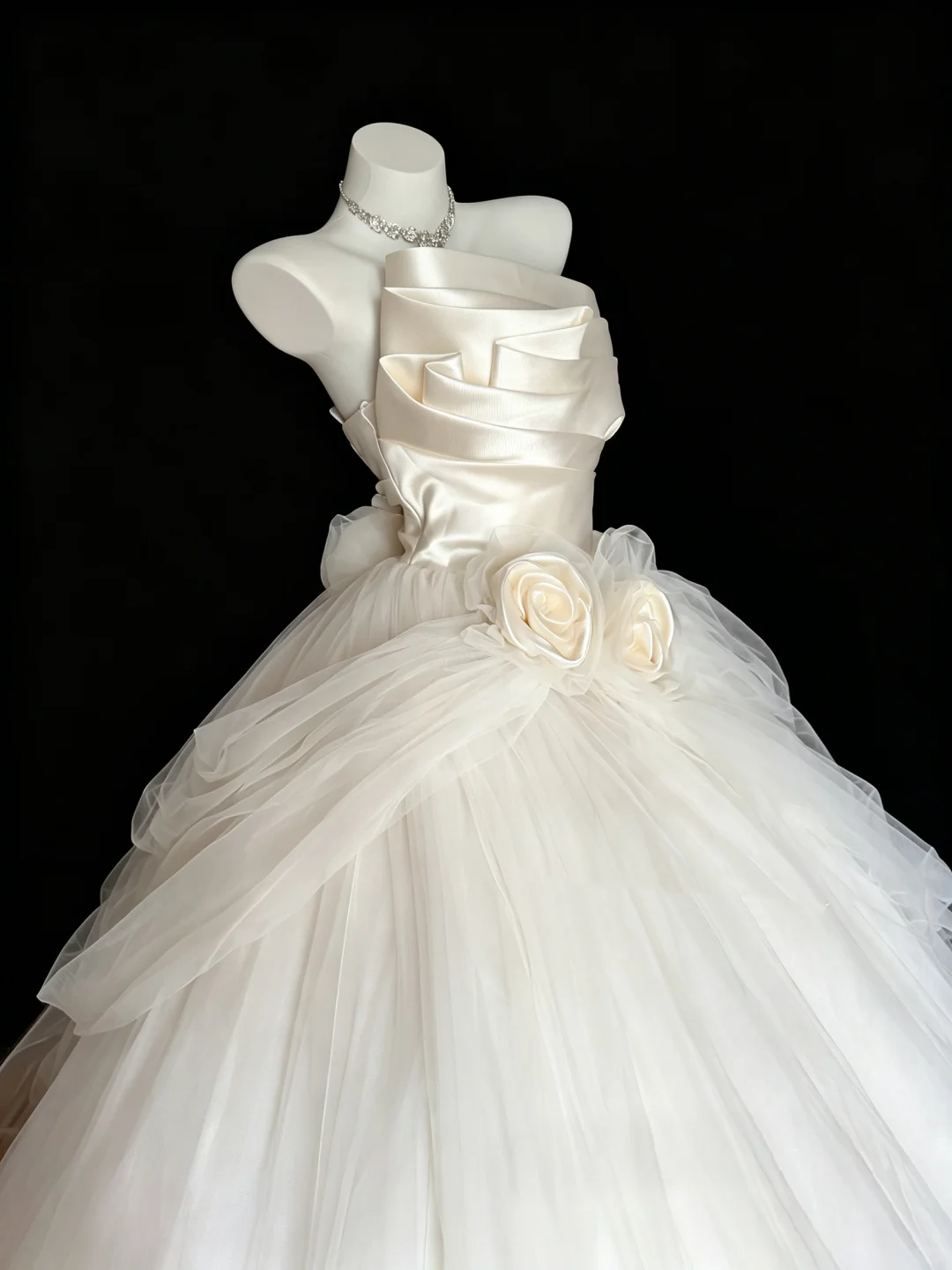 Pretty Strapless White Satin Tulle Long Wedding Dress With 3D Flowers D5281