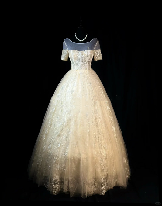 Gorgeous Gold Tulle Lace Embroidery Beaded A Line Long Birthday Prom Dress Evening Gown D2508