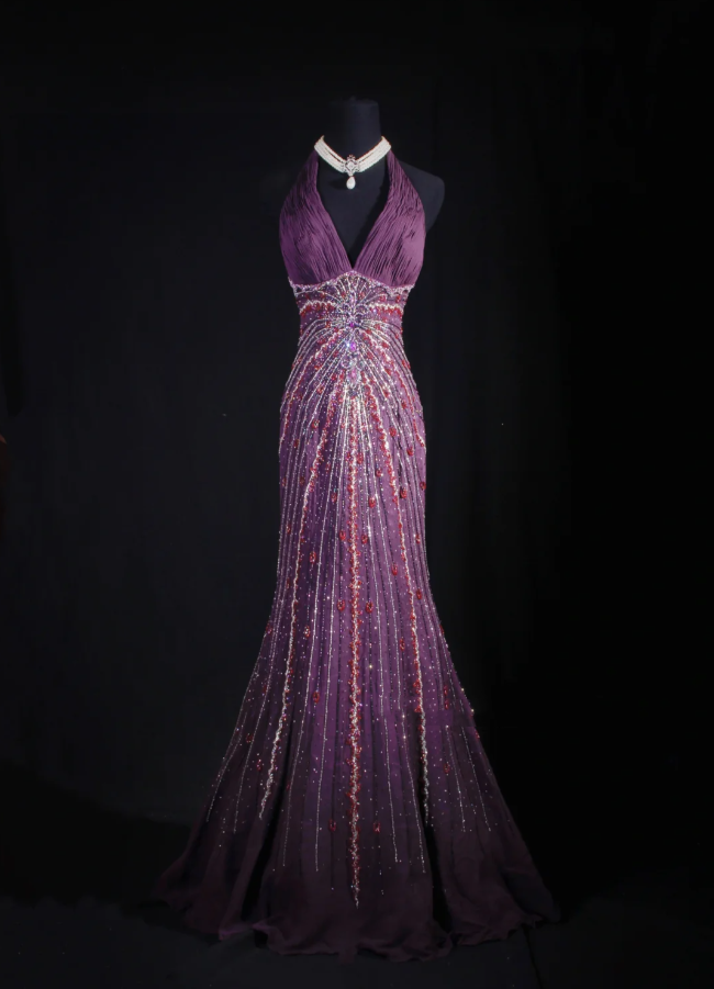 Purple Vintage V Neck Halter Satin Beaded Mermaid Long Party Dress Backless Evening Gown D2237