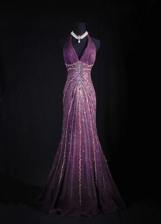 Purple Vintage V Neck Halter Satin Beaded Mermaid Long Party Dress Backless Evening Gown D2237