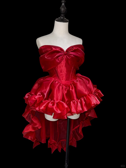 Charming Red Bow Off The Shoulder Organza Ruffle Hi-Low Short Homecoming Dress Cocktail Dress D2795