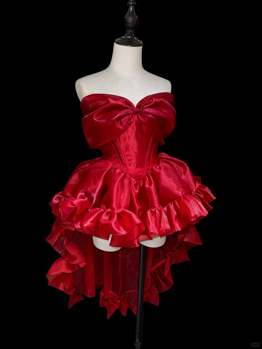 Charming Red Bow Off The Shoulder Organza Ruffle Hi-Low Short Homecoming Dress Cocktail Dress D2795