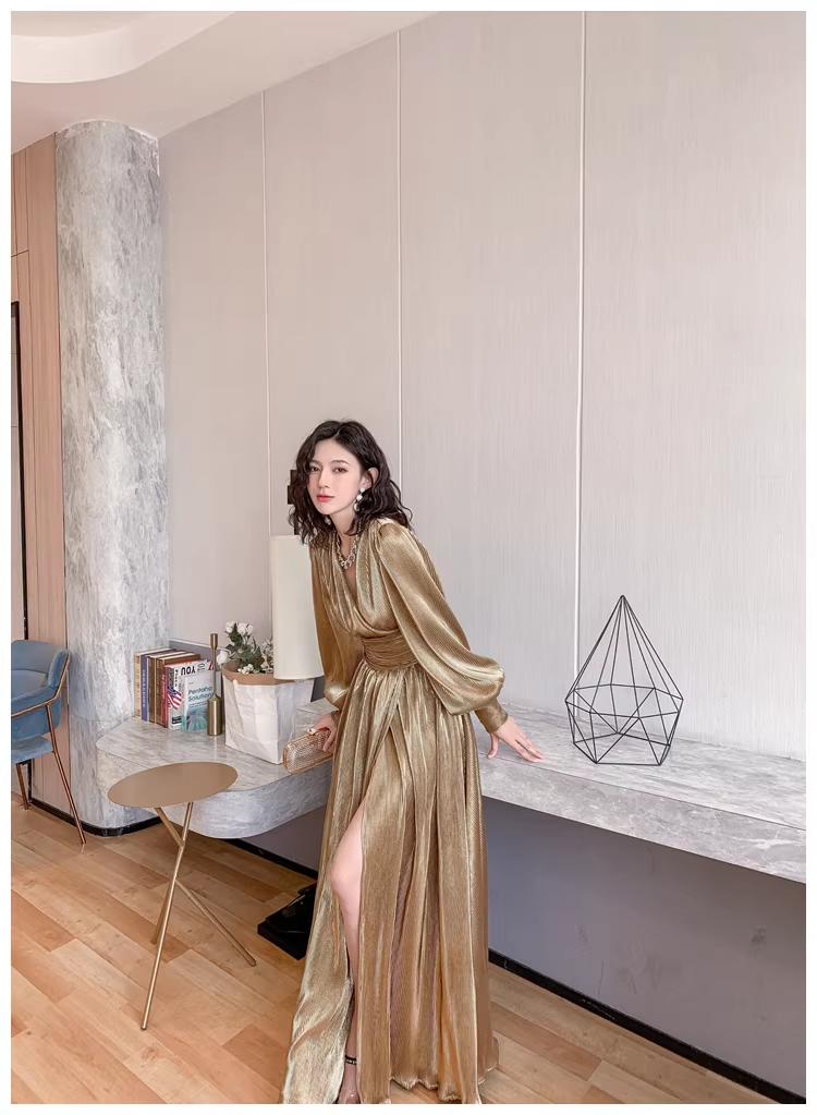 Unique Gold V Neck Satin Pleated Slit A Line Long Evening Dress Formal Wedding Guest Dress D2433