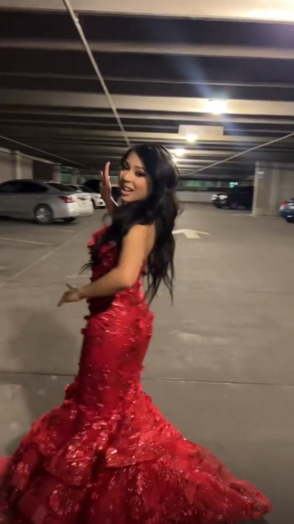 Sexy Spaghetti Straps Tulle Sequin Mermaid Evening Dress Red Long Party Dress D4982