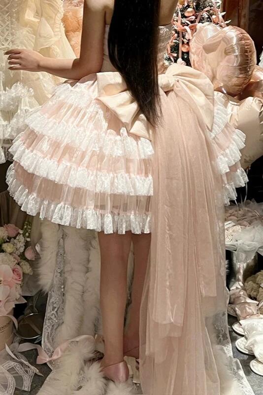 Sweet Pink Tulle Lace Layered A Line Short Homecoming Dress Birthday Outfits With Bow D3859