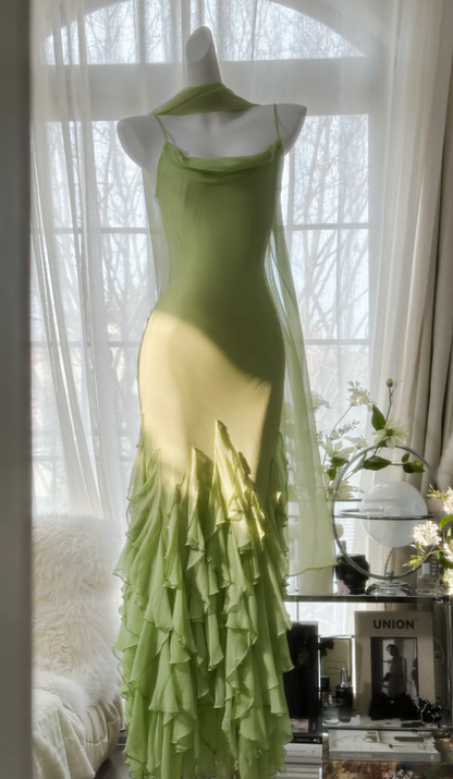 Beautiful Green Spaghetti Straps Chiffon Ruffles Mermaid Long Party Dress Birthday Prom Dresses D1791