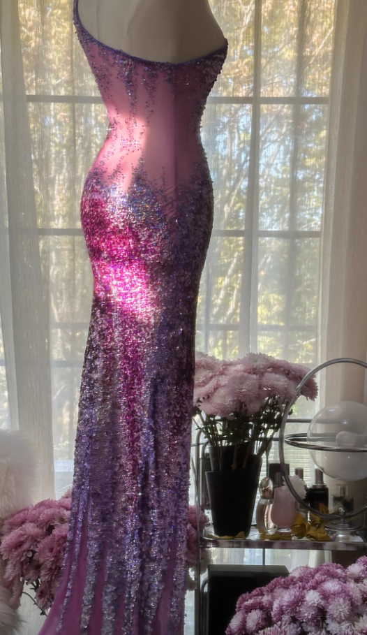 Glamorous Ombre Purple One Shoulder Chiffon Sequin Beaded Mermaid Long Evening Dress Birthday Party Dress D2096