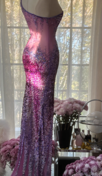 Glamorous Ombre Purple One Shoulder Chiffon Sequin Beaded Mermaid Long Evening Dress Birthday Party Dress D2096