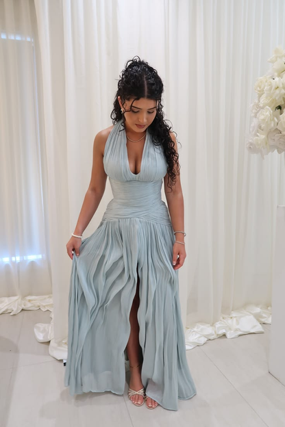 Chic Halter V Neck Tulle Pleated A Line Slit Long Party Dress Evening Gown D5025