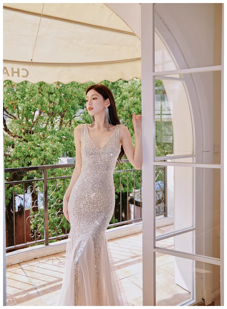 Glitter V Neck Champagne Silver Sequin Tulle Mermaid Long Evening Dress Party Gown D2399