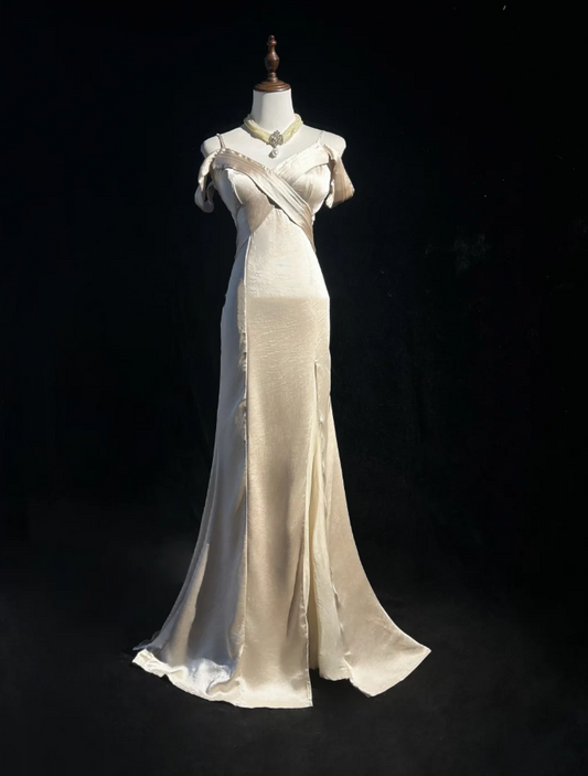 Elegant Light Champagne Off The Shoulder Formal Wedding Guest Dress Long Mermaid Slit Evening Dress Party Dress D2065