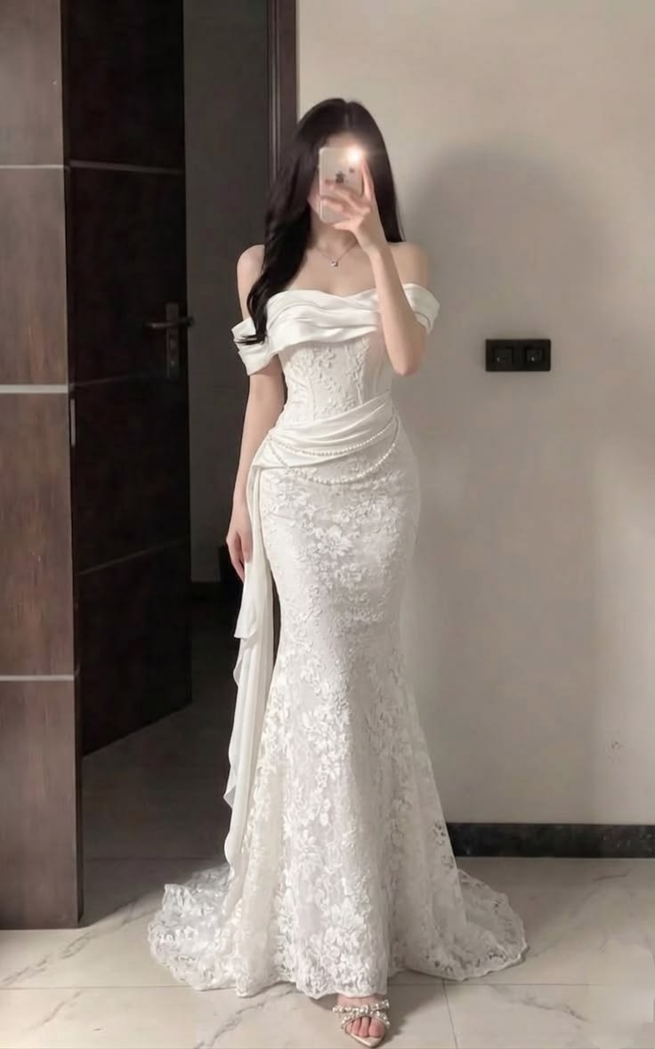 Pretty Off The Shoulder Lace Mermaid Long Prom Dress White Party Dress D2898