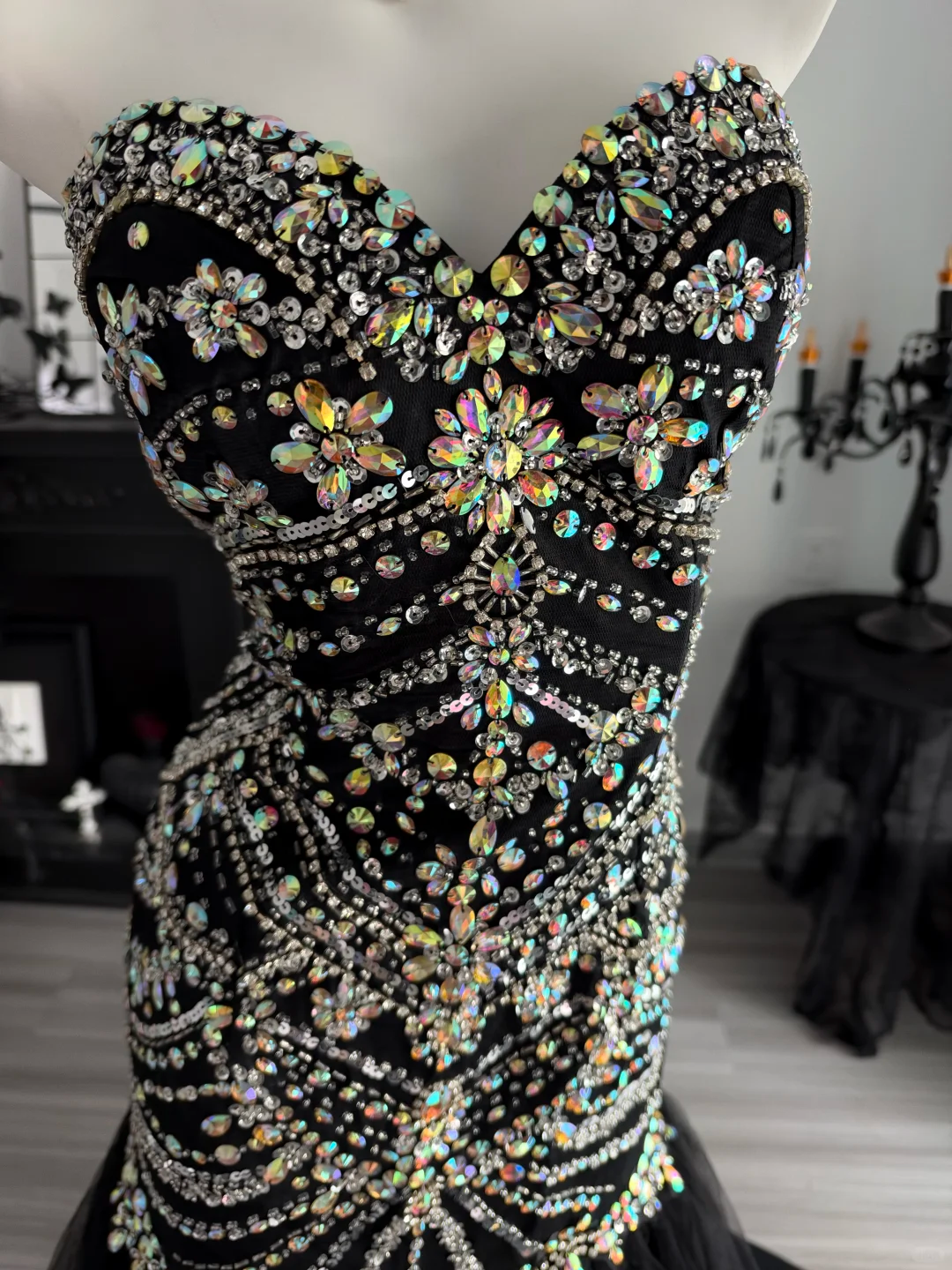 Gorgeous Black Tulle Beaded Mermaid Long Evening Dress Strapless Long Birthday Prom Dresses D4712