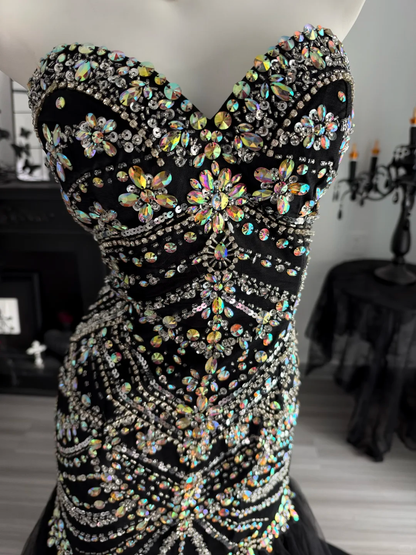 Gorgeous Black Tulle Beaded Mermaid Long Evening Dress Strapless Long Birthday Prom Dresses D4712