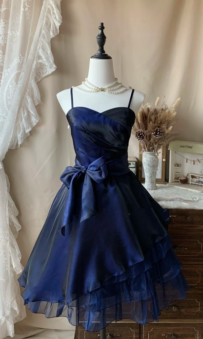 Shiny Spaghetti Straps Navy Blue Tulle Satin A Line Formal Graduation Homecoming Dress Short Party Dress D3069