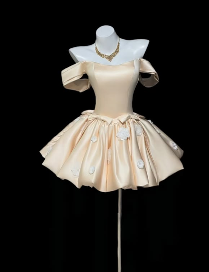 Cute Champagne Off The Shoulder Satin Floral A Line Short Graduation Homecoming Dress Cocktail Dress D4003