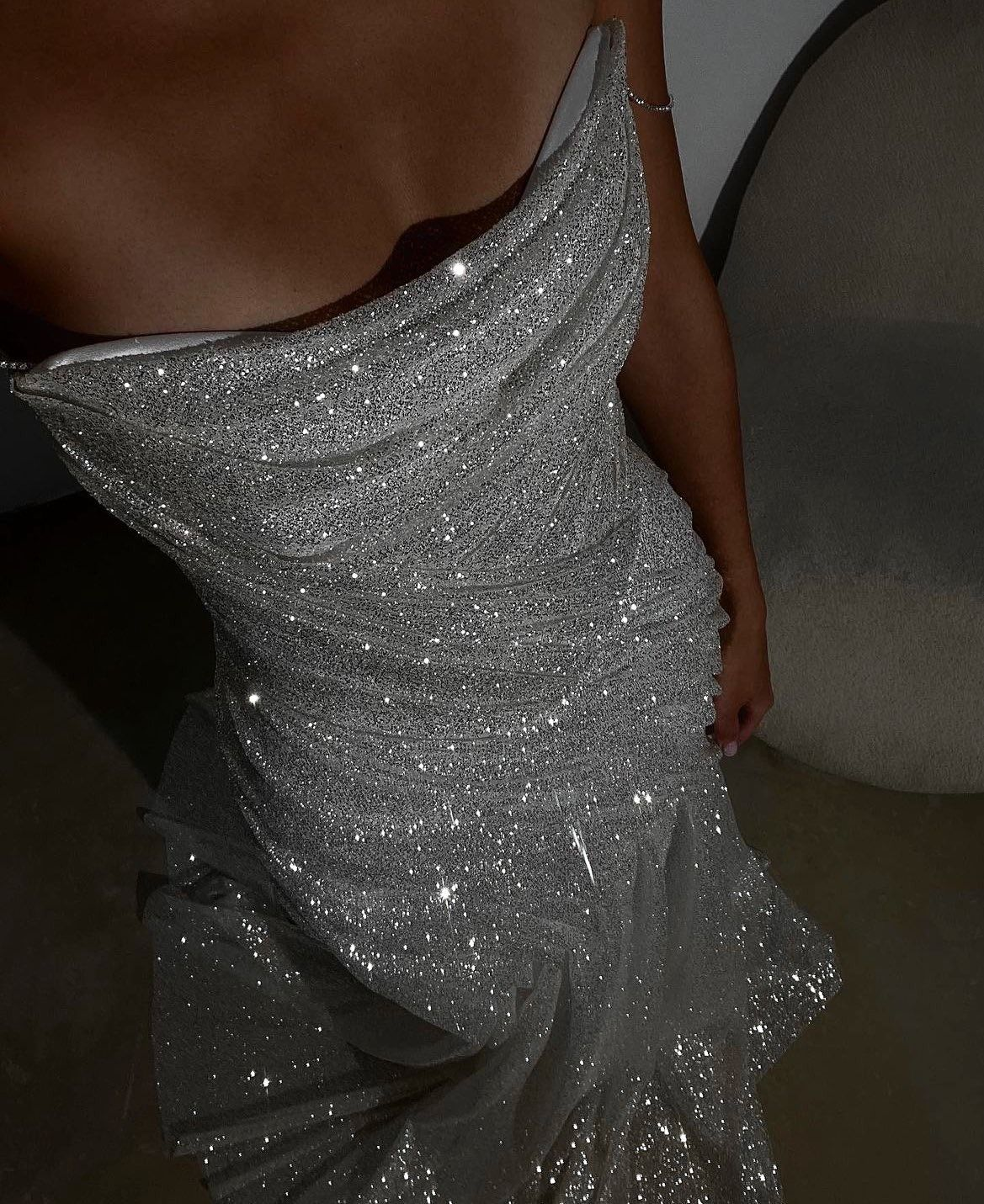 Sparkly Strapless Silver Sequin Pleated Mermaid Long Evening Dress Party Dress D5127
