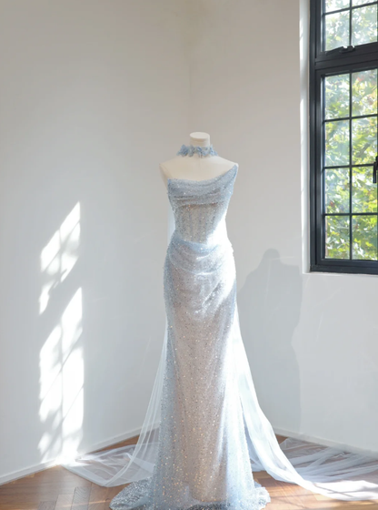 Pretty Strapless Light Blue Sequin Beaded Mermaid Long Birthday Party Dress Evening Gown D2159