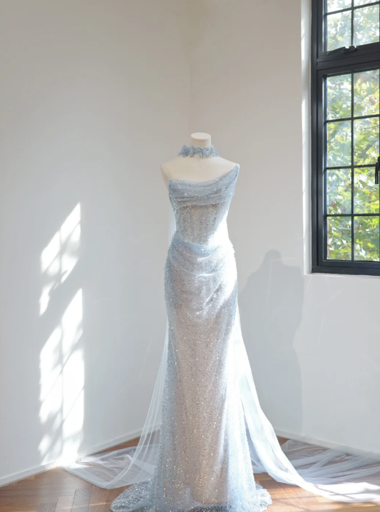 Pretty Strapless Light Blue Sequin Beaded Mermaid Long Birthday Party Dress Evening Gown D2159