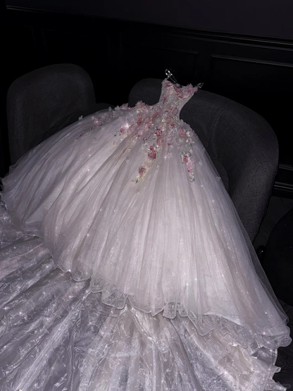Charming Strapless White Tulle Sequin 3D Floral Long Wedding Dress D3083
