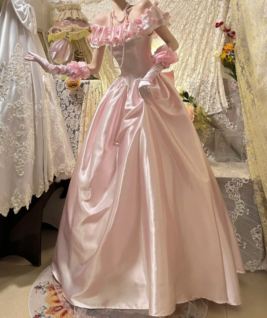 Sweet Pink Ball Gown Off The Shoulder 3D Flowers Beaded Long Birthday Party Dress Evening Gown With Gloves D2110