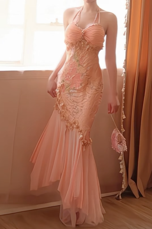 Glamorous Light Orange Pink Chiffon Mermaid Long Prom Gown Halter Evening Gown D2777