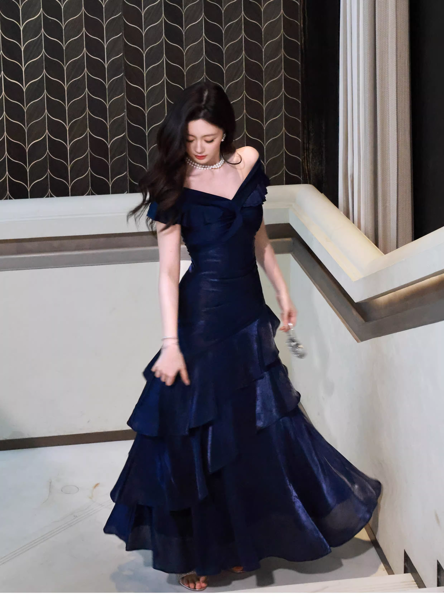 Stylish Navy Blue Off The Shoulder Satin Layered Ruffles Mermaid Long Evening Dress Prom Gown D2183