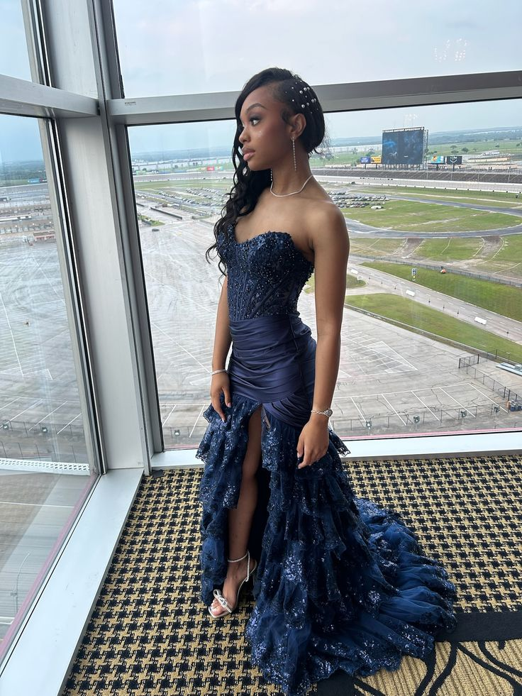 Princess Sweetheart Neck Satin Tulle Sequin Long Party Dress Navy Blue Long Evening Gown D4519