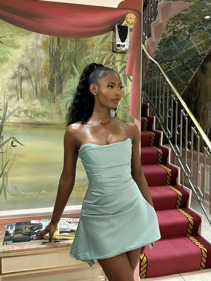 Simple Strapless Green Mini Birthday Dress A Line Homecoming Dress S574