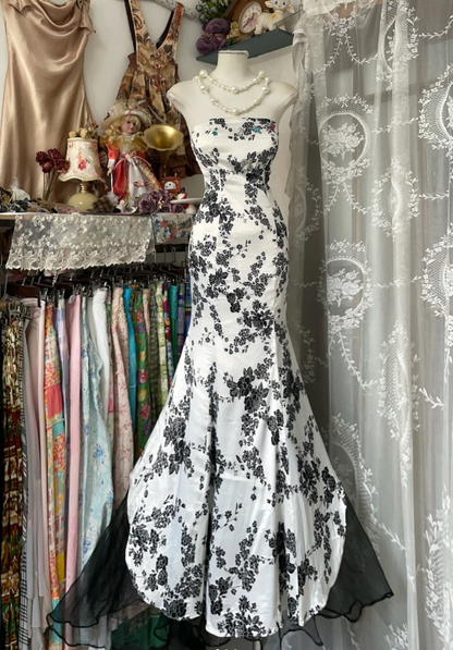 Vintage Strapless Satin Print Floral Mermaid Party Dress Long Evening Gown D1520