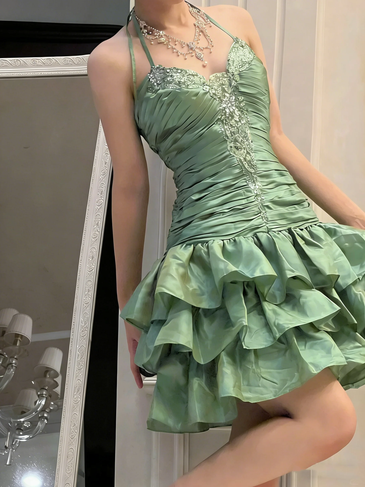 Vintage Halter Green Ruffle Layered Short Birthday Dress Homecoming Dresses D4260