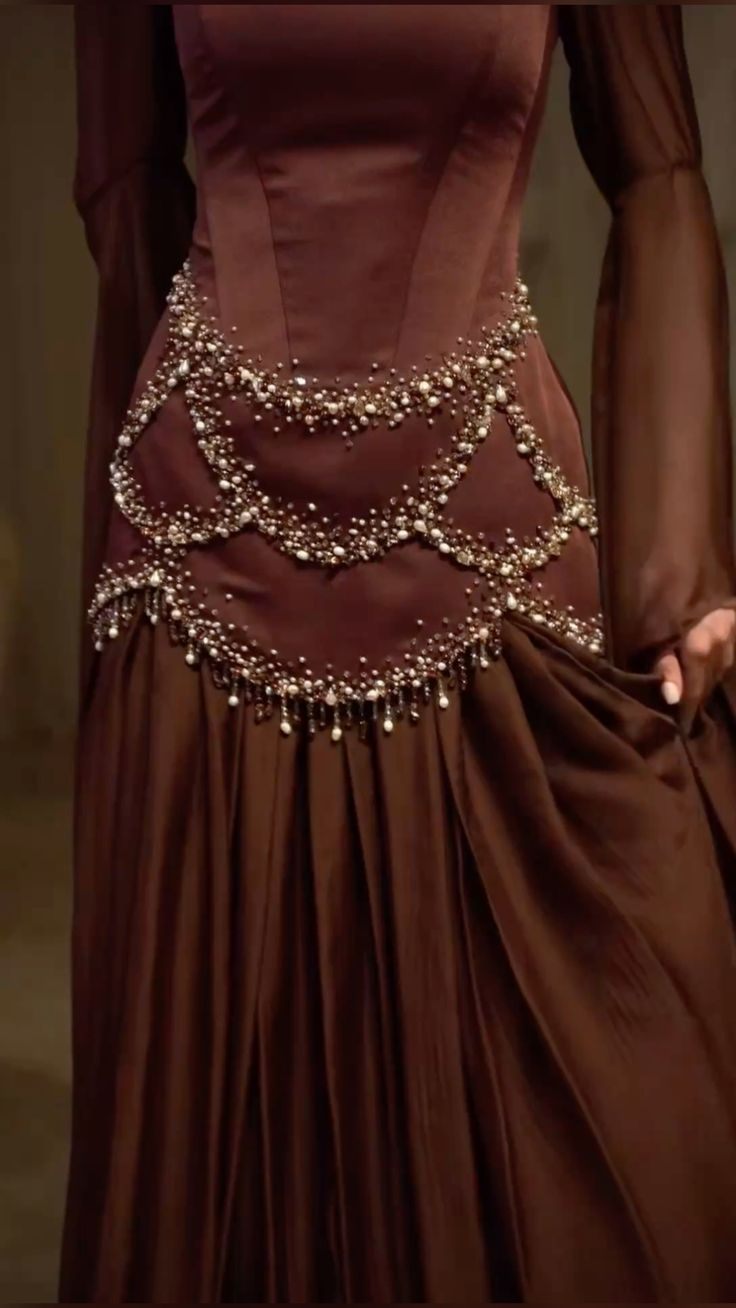 Vintage Square Neck Brown Satin Chiffon Beaded Mermaid Evening Dress Long Prom Gown D1072
