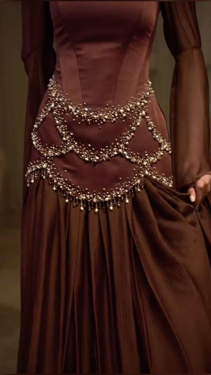 Vintage Square Neck Brown Satin Chiffon Beaded Mermaid Evening Dress Long Prom Gown D1072