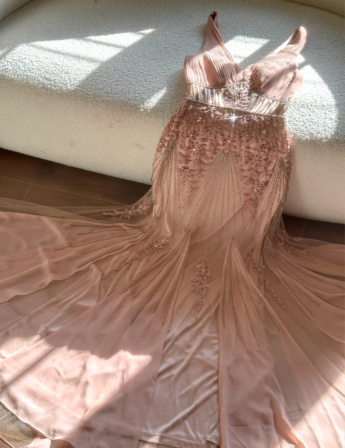 Pretty Pink V Neck Chiffon Beaded Mermaid Long Evening Dress Birthyday Prom Gowns D2077