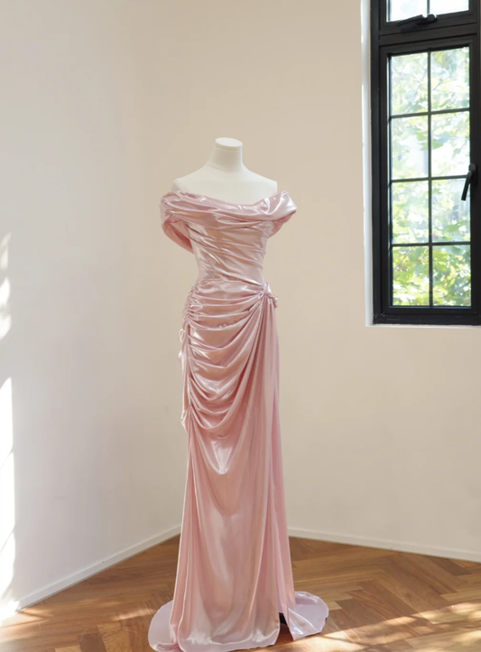 Fairy Pink Off The Shoulder Satin Pleated Slit Mermaid Party Dress Long Wedding Guest Dress D2175
