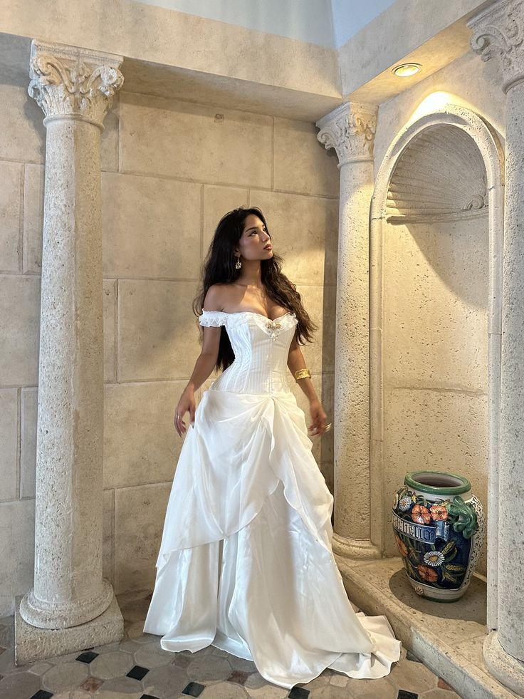 Pretty Off The Shoulder White Satin Chiffon Pleated Long Wedding Dress D966