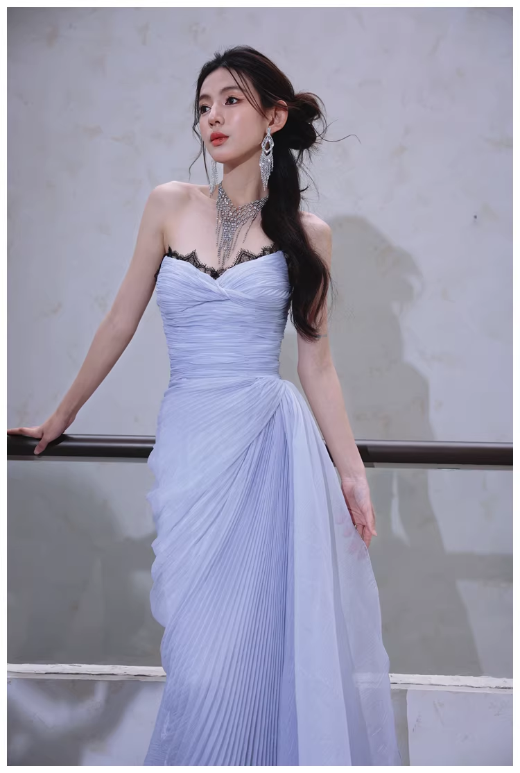 Classy Haze Blue Strapless Tulle Pleated Mermaid Long Party Dress Evening Gown D2460