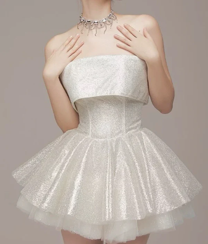 Glitter Strapless White Sequin Tulle Homecoming Dress A Line Short Cocktail Dress  S411